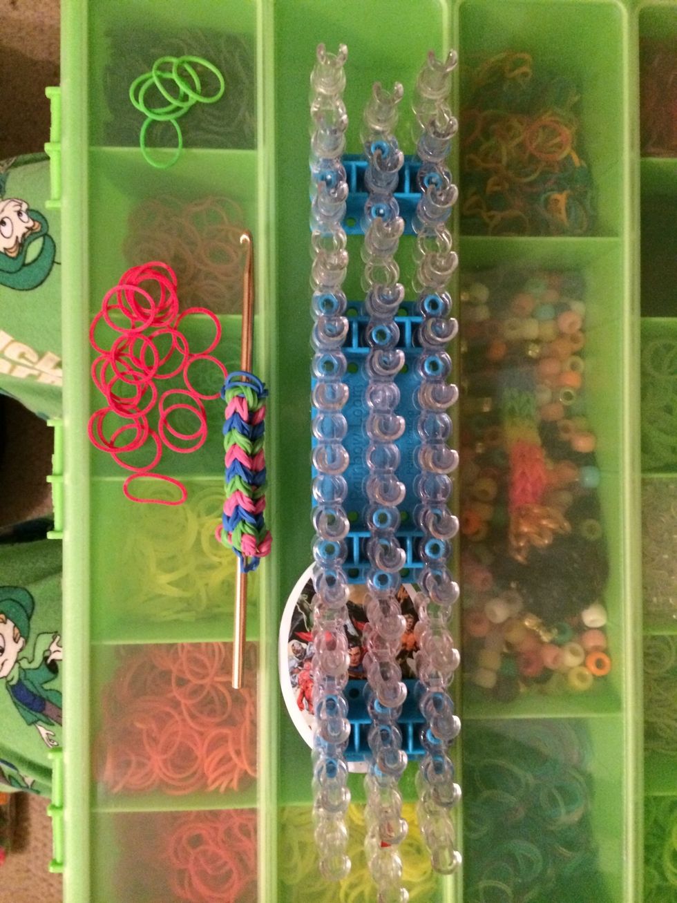 You will need 5 green bands, 20 red bands, you loom and your hook. Let's get started \ud83d\ude00