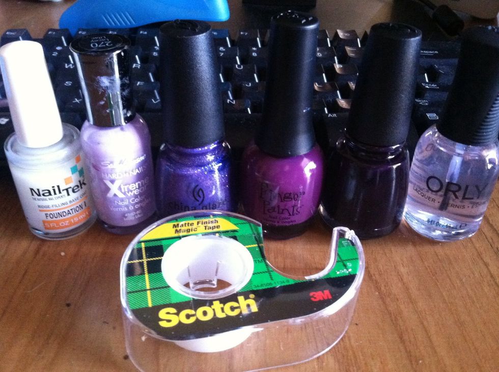 You will need: a base coat, 4 purple polishes that create a gradient, a base coat and some tape.