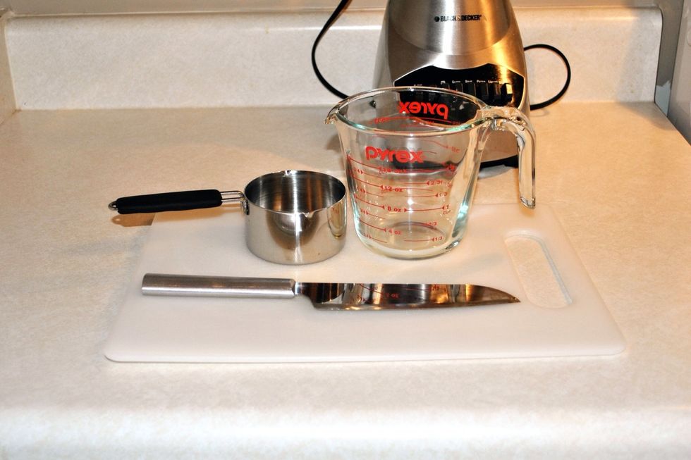 You will need a cutting board and knife, 1 cup (dry measure), liquid measuring cup and blender.