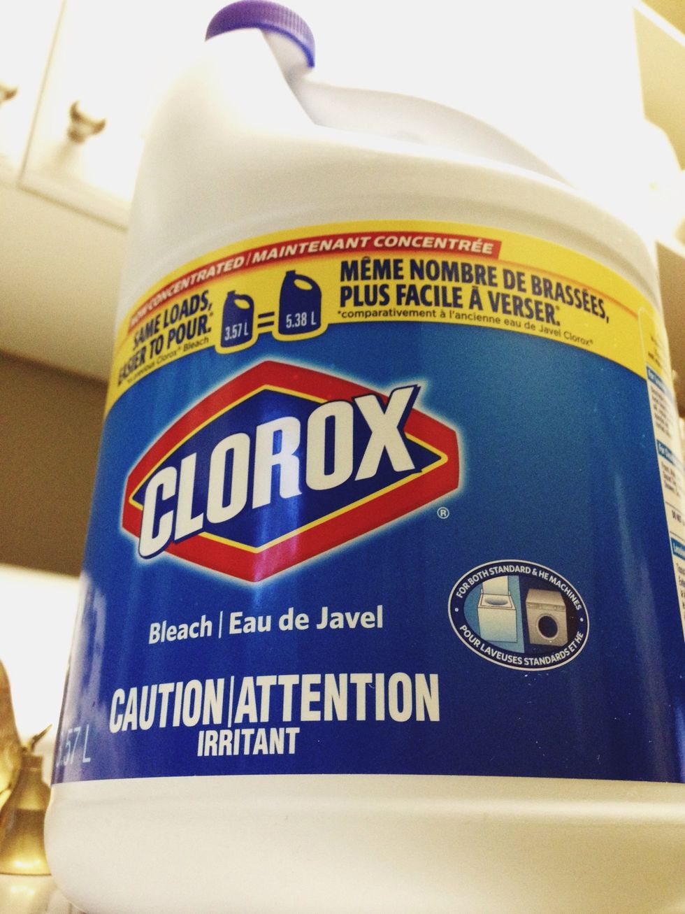 You will need about 1c of household bleach for this project. I didn't use an entire cup at once, but spread it out over the course of the process in varying concentrations.