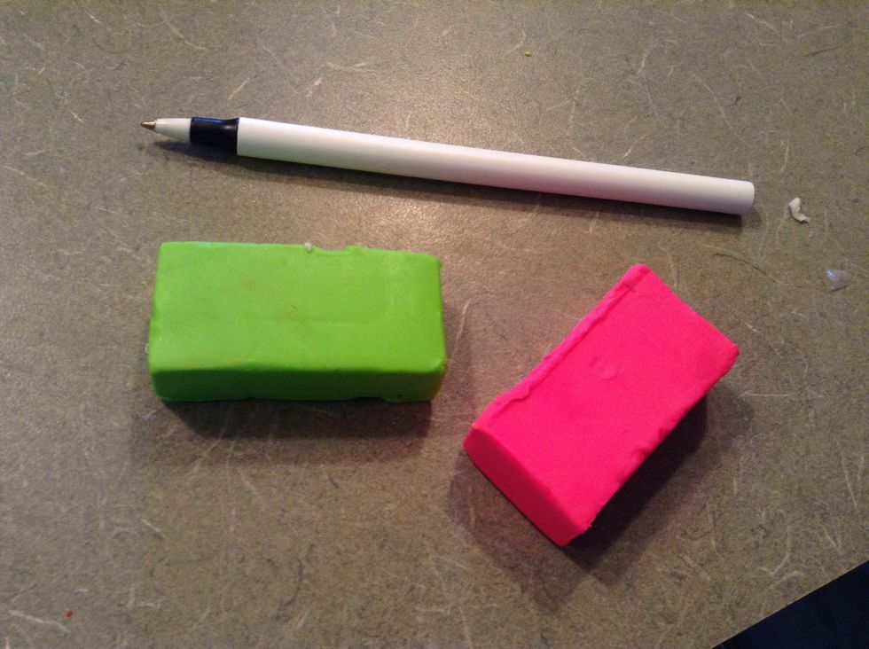 You will need any 2 polymer clay colors, a pen, and an oven set at 275 degrees