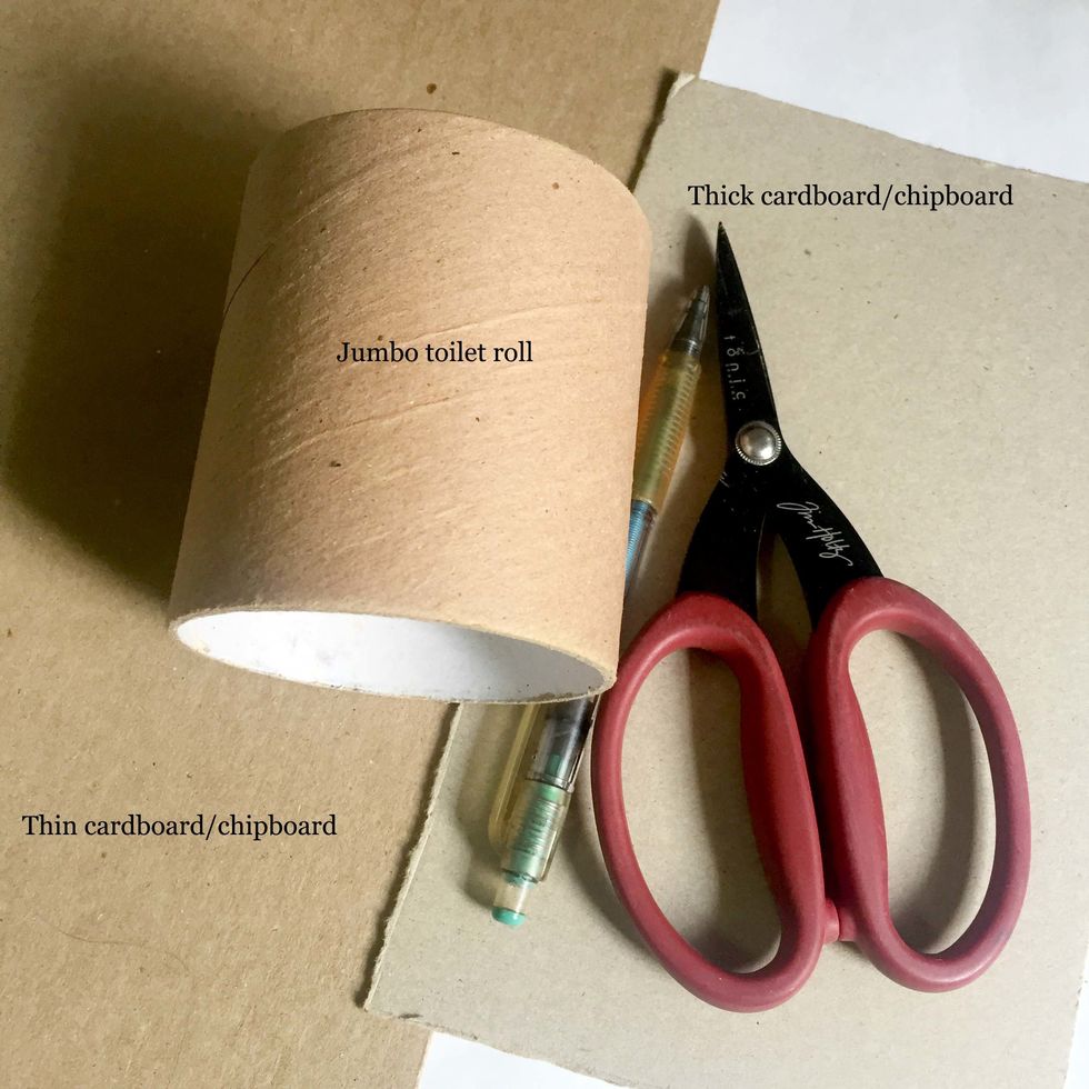 You will need at least 1 jumbo toilet roll to begin with, together with some thick and thin cardboards/chipboards, where you can get them from your packaging materials.