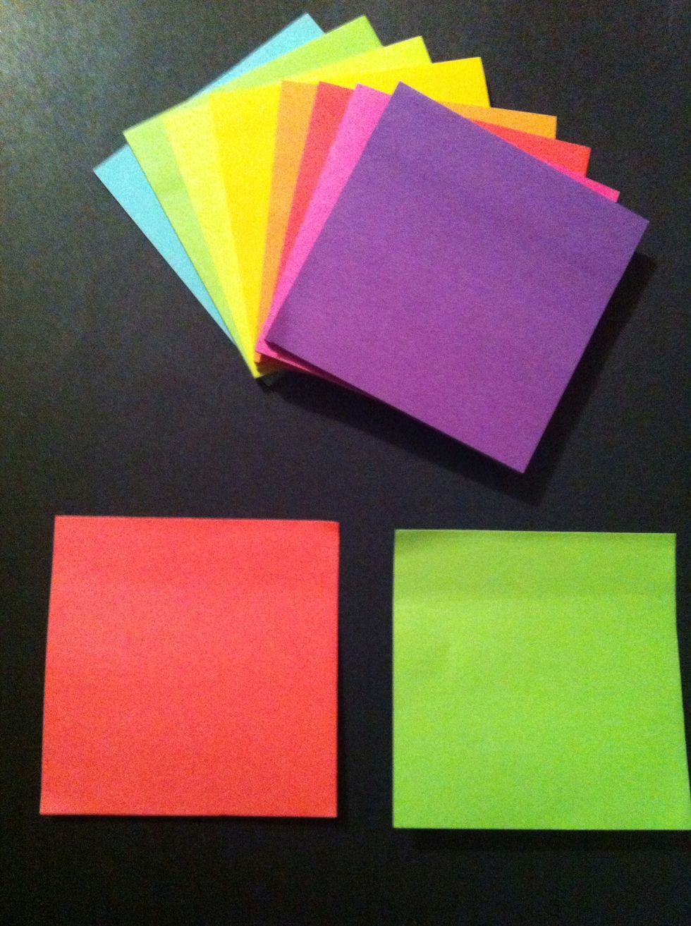 You will need colorful Origami paper.  I am using stickies as I ran out of origami, but please don't use stickies they are hard to work with.  Make your first flower from a letter size printer paper.
