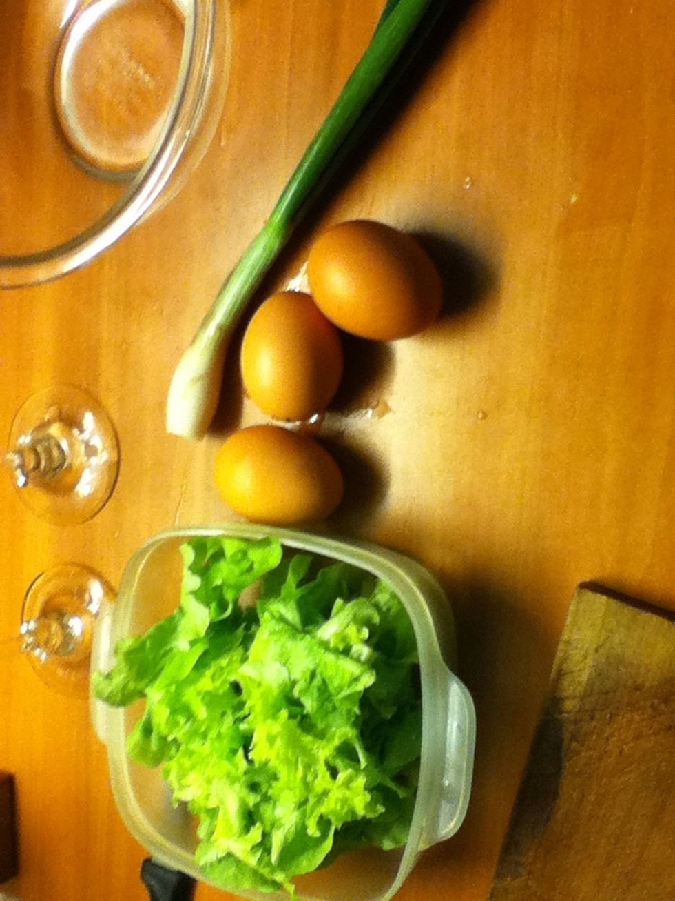 You will need letucce, a baby onion and 4 eggs (i used 3 because i didnt have more but it turns out better with 4)