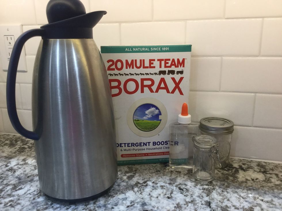 You will need some hot water, clear glue, containers, borax, stirring tools \ud83d\ude04