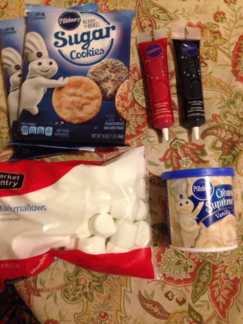 You will need sugar cookie dough, vanilla frosting, red gel, black gel, pan, and a bag of marshmallows
