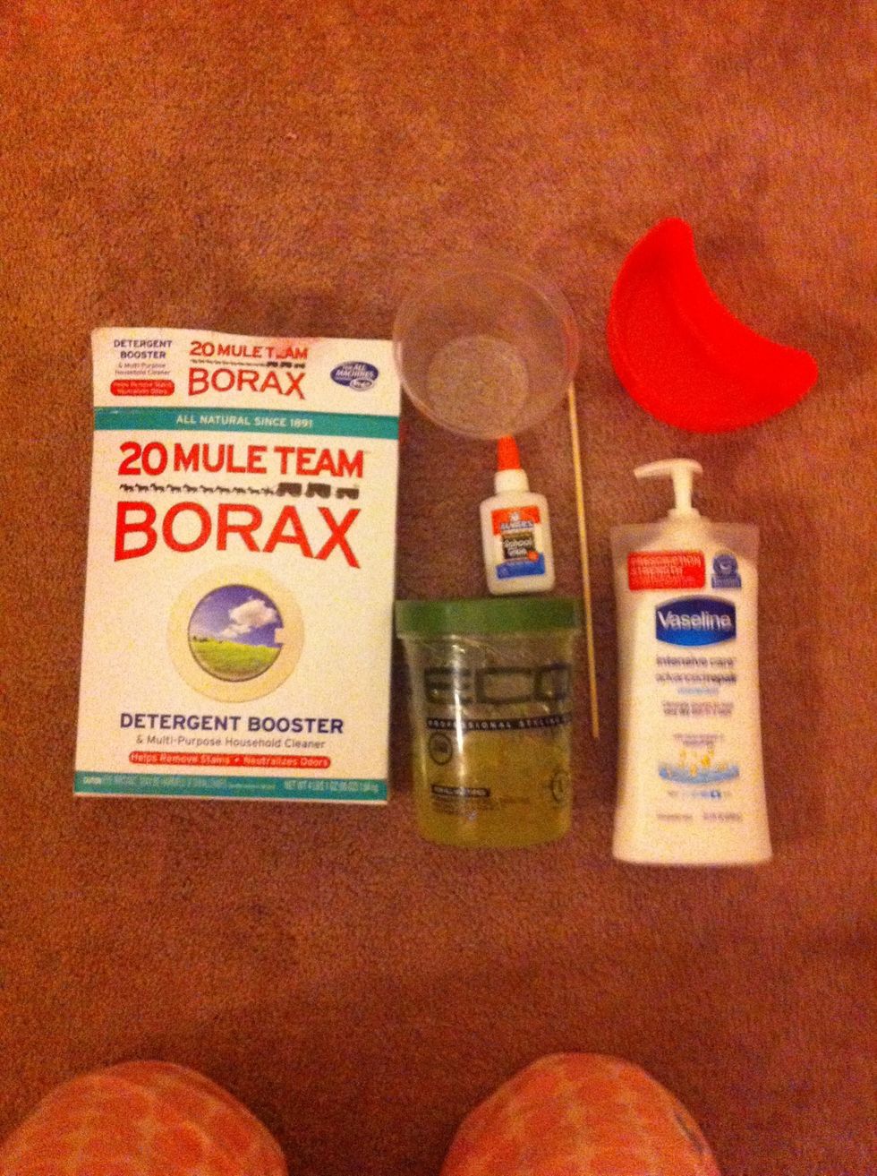 You will need the following: Glue, Hair gel, water, borax, lotion, two bowls, something to mix with, sand wich Baggie, and color.