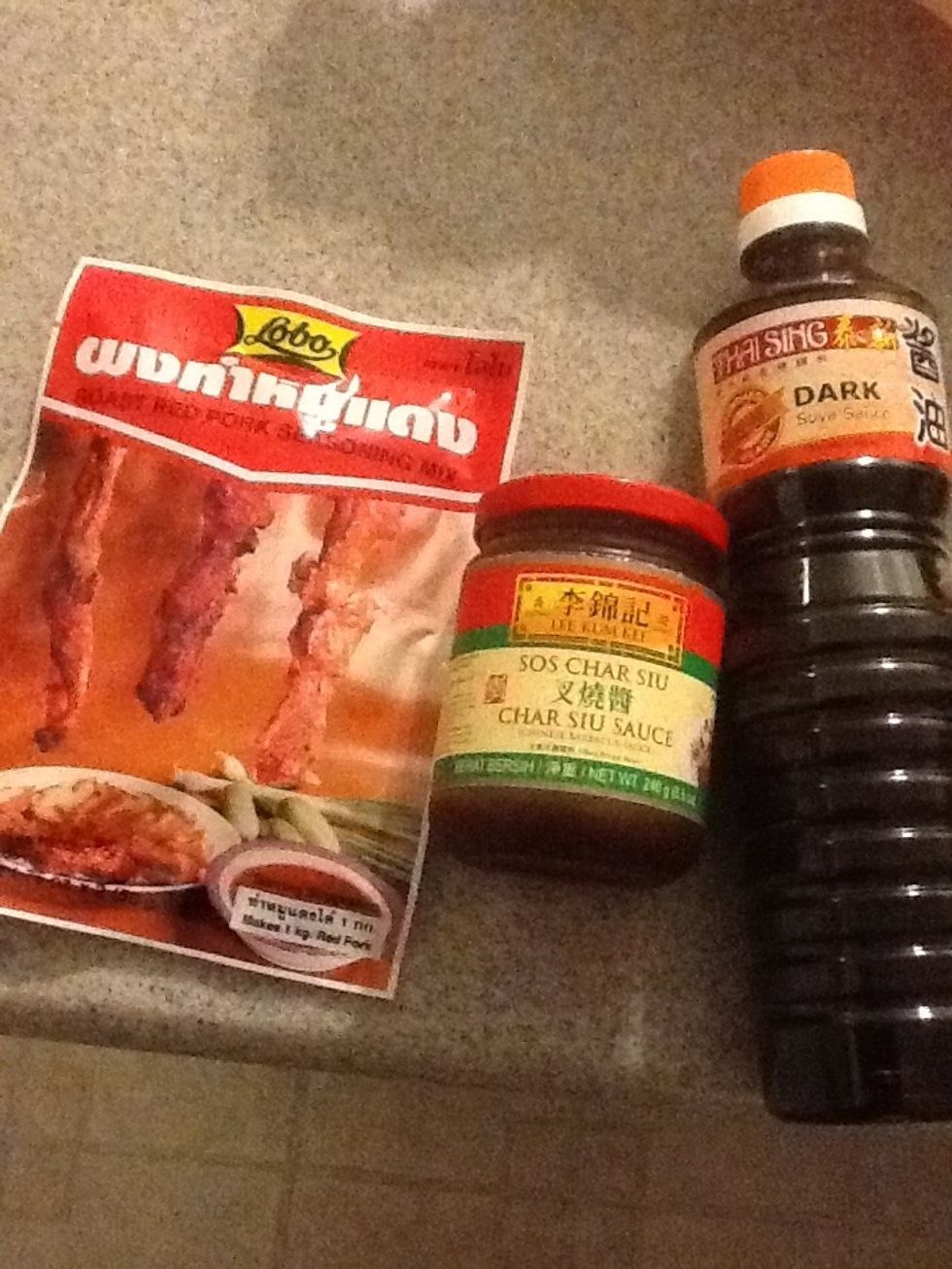You will need this ingredients. "Char Siew Seasoning Mix Powder" "Char Siu Sauce" "Dark Soy Sauce" and Sugar.