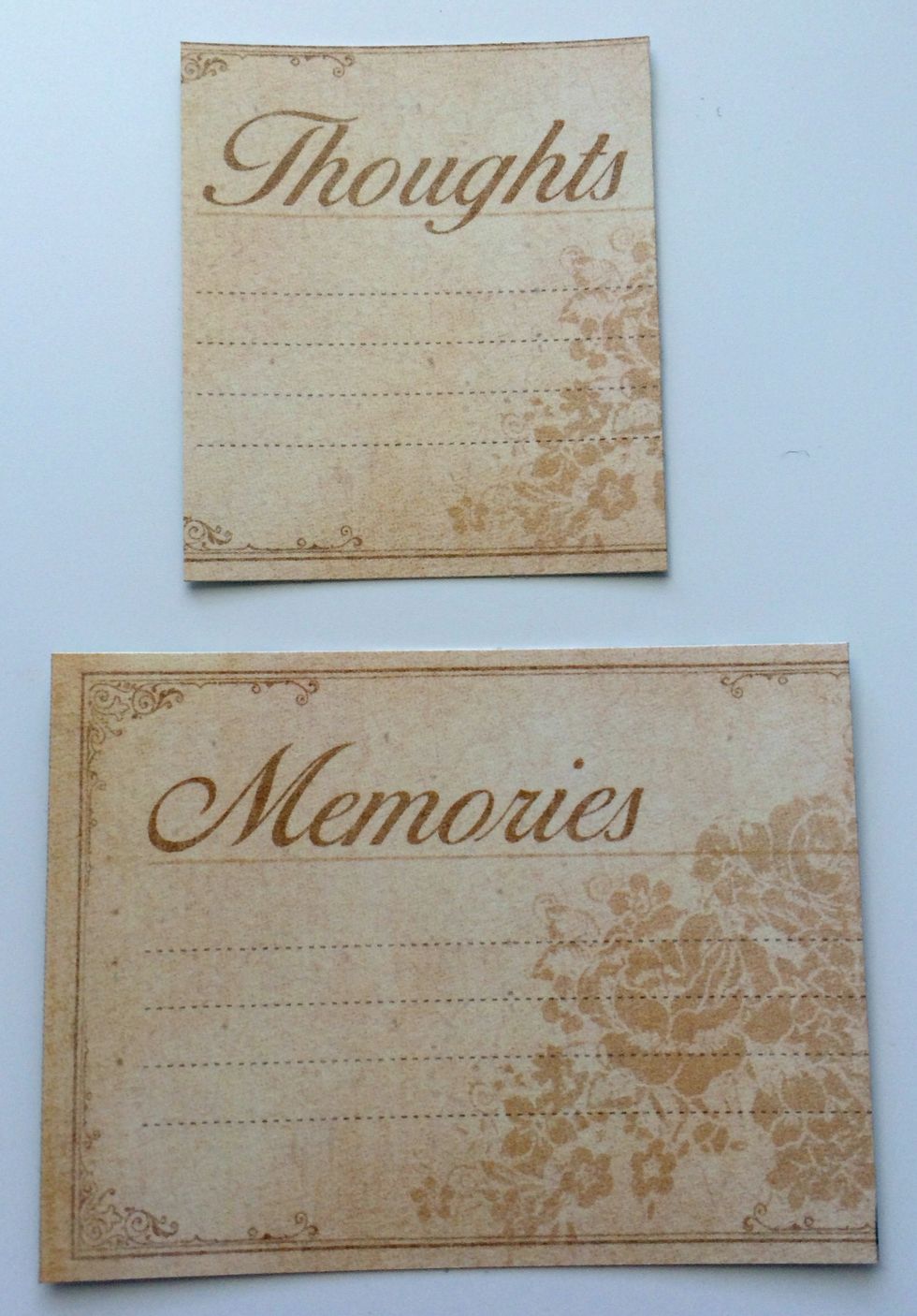 You will need to trim the "Thoughts" card to 2 1/4" x 2 1/2". You will also need to trim the "Memories" card to 3 3/8" x 2 1/2".