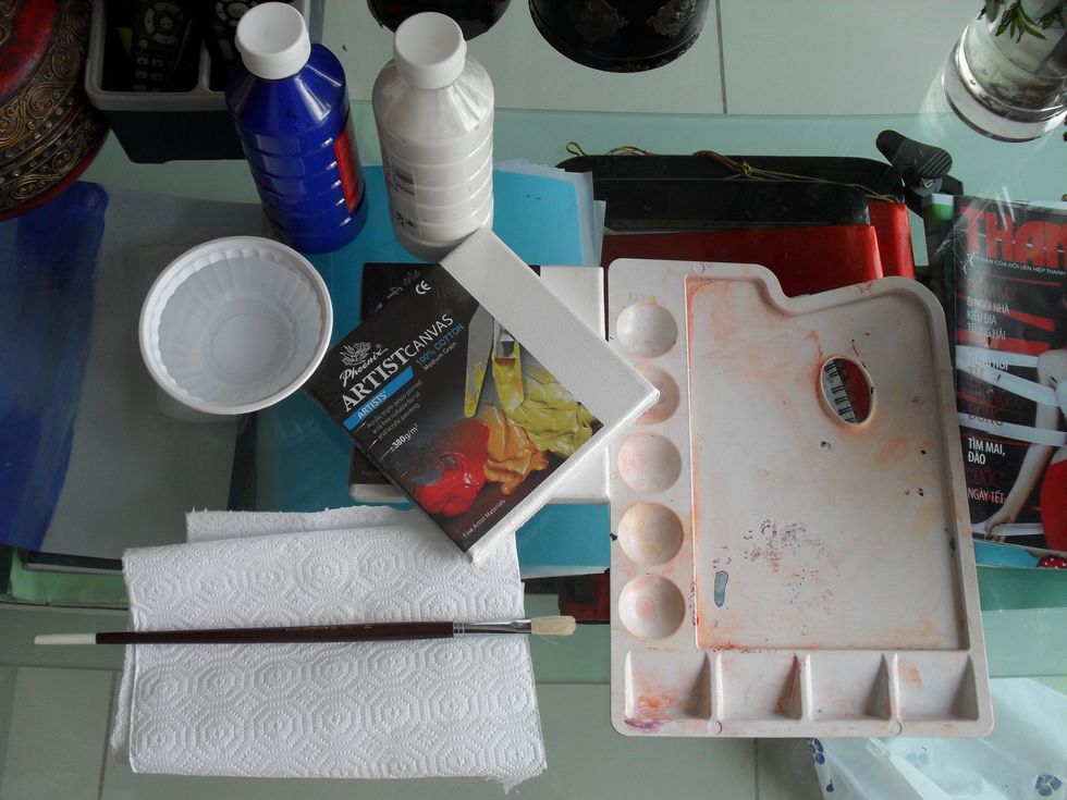 You will need water,a color of paint that you like and white (and/or black) paint if you want to get various shades. Canvas, palette, paintbrush, and tissues/newspaper