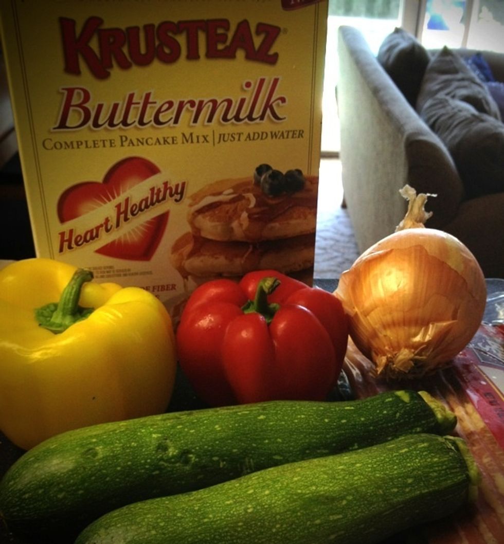You will need: zucchini, peppers, onion, pancake mix, bacon (cream cheese, salsa, cherry tomatoes and cilantro; not pictured)