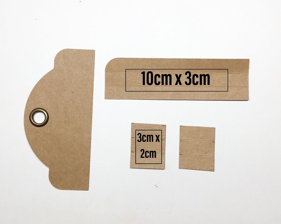 You will now need 1 tag top, 1@ 10cm x 3cm, 2@ 3cm x 2cm as shown in image.