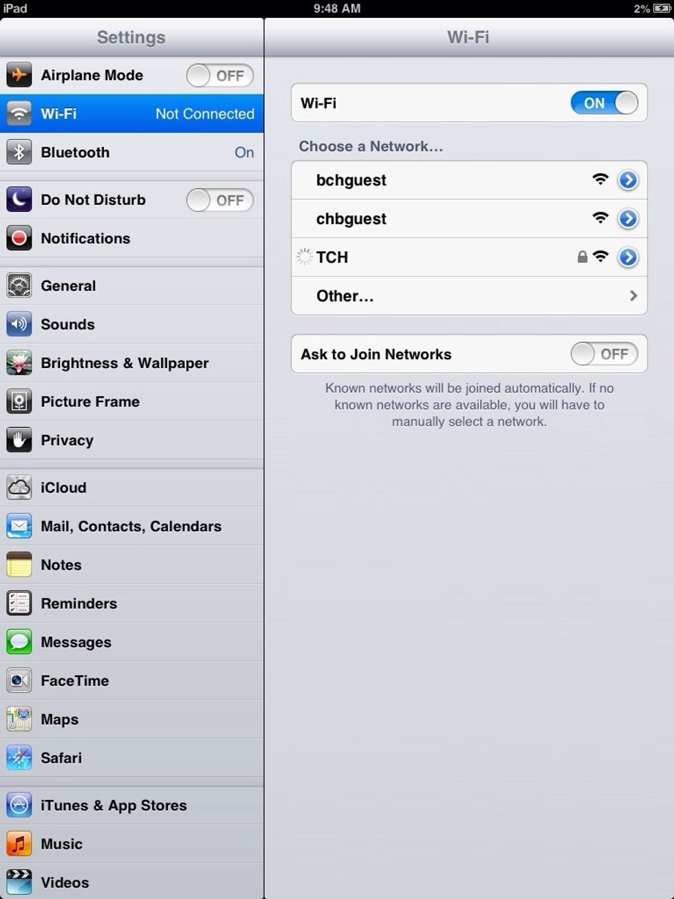 You will see a status wheel spin next to the TCH network once it is selected.