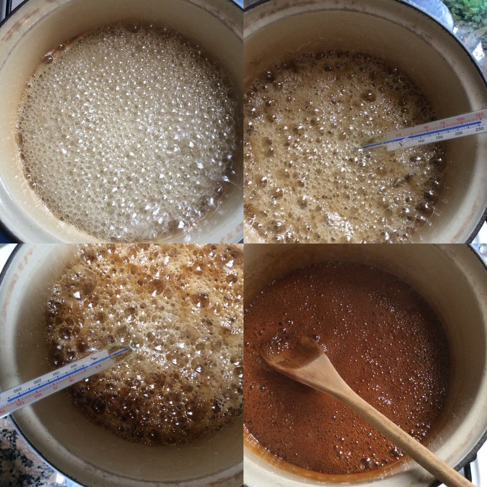 You will see the liquid change colour to deep golden, if you have a candy thermometer the ideal temperature is between  138-139C (280-300F).