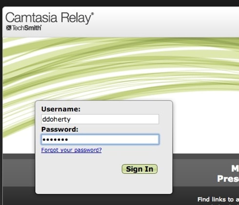 You will sign in to your Relay account. Then you will supply the missing screencast.com information. See the next screen.