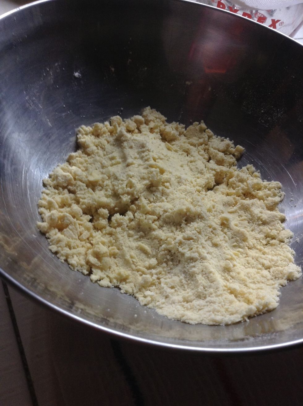 You will start getting this kind of texture from the mix. If you are mixing with your hands, use some flour on then as  you will have to deal with a greasy and sticky mix.. so keep mixing.