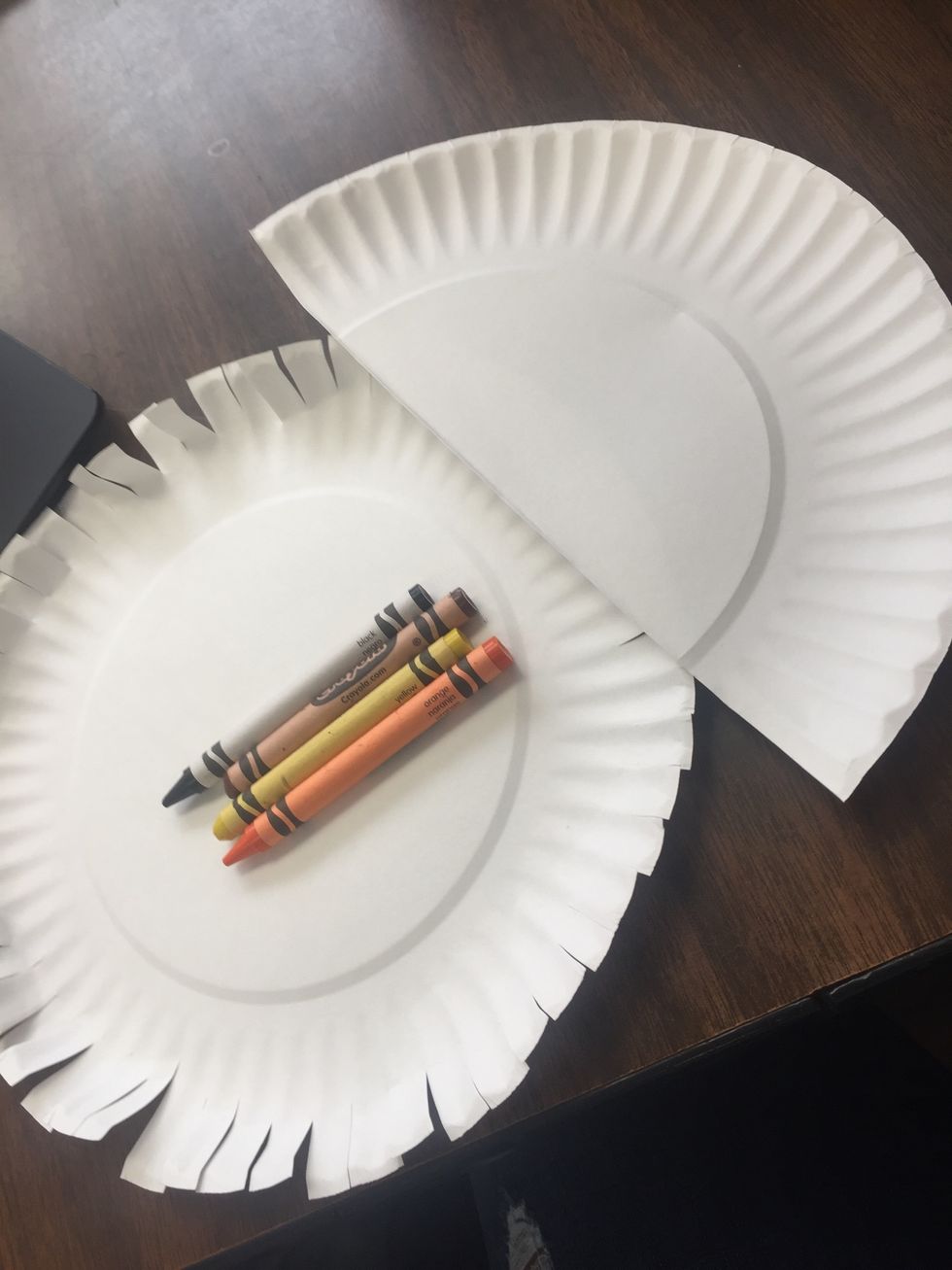 You will then get crayons (orange black and brown and yellow )and then color the paper plates