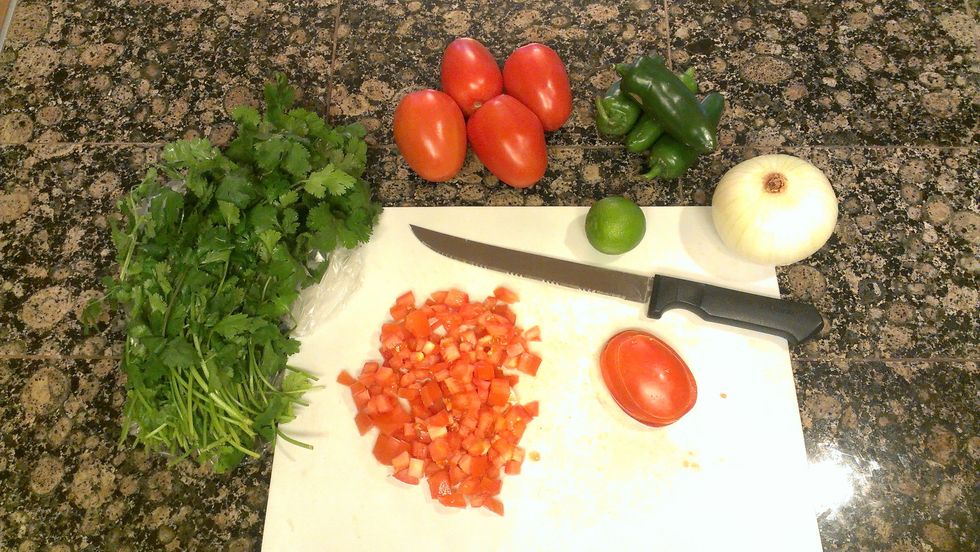 You will use 5 tomatoes, 4 jalapenos, handful of cilantro, half an onion, 1 lime, ground cumin, pepper, salt, and garlic powder.