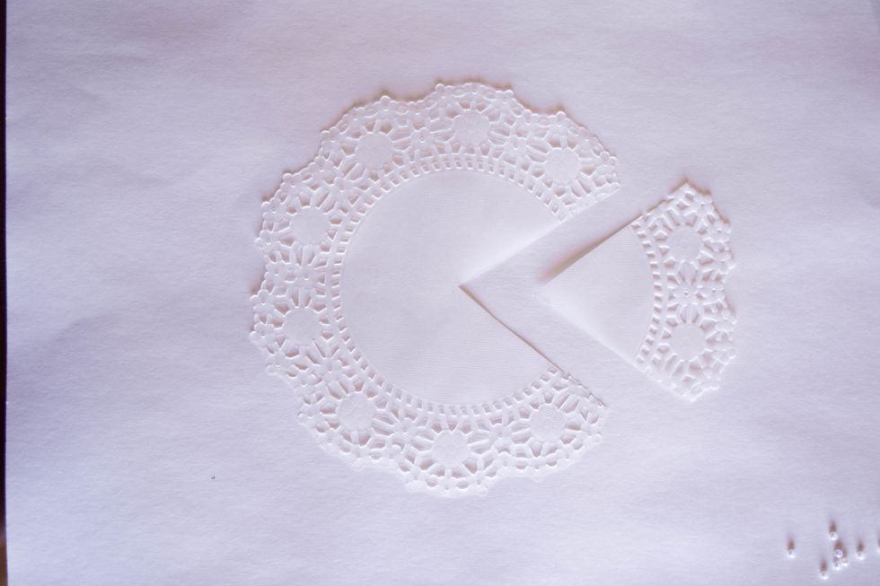 You will use the larger piece for the skirt part of the dress and the smaller piece for the bodice of the dress. Make sure the back side of the doily is facing up (toward you)!