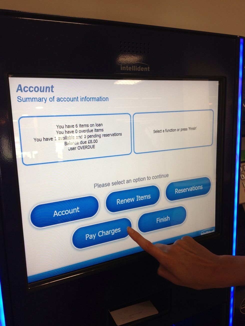 Your account summary shows everything you have on loan - you can also renew and check if reserved items are available for you to collect. To pay fines, select 'Pay Charges'.