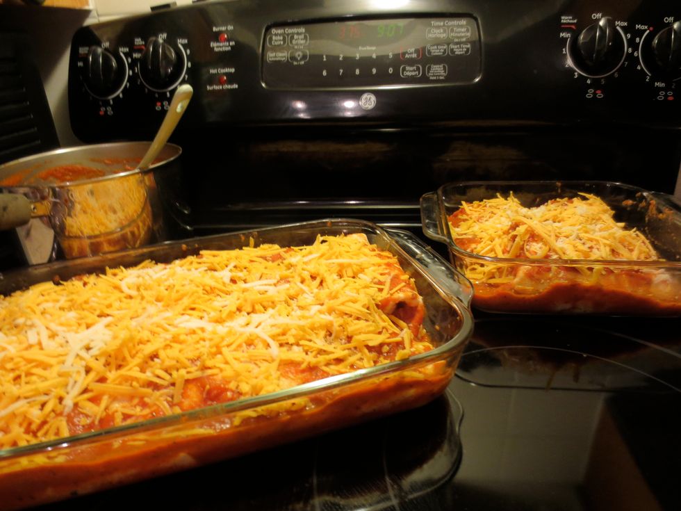 your cheese! use Cheddar, mozzarella, Monterey jack, a combination of all, use your favourite kind. If you don't use cheese, cover your baking dishes before they go in the oven. Bake 375f for 30 min.