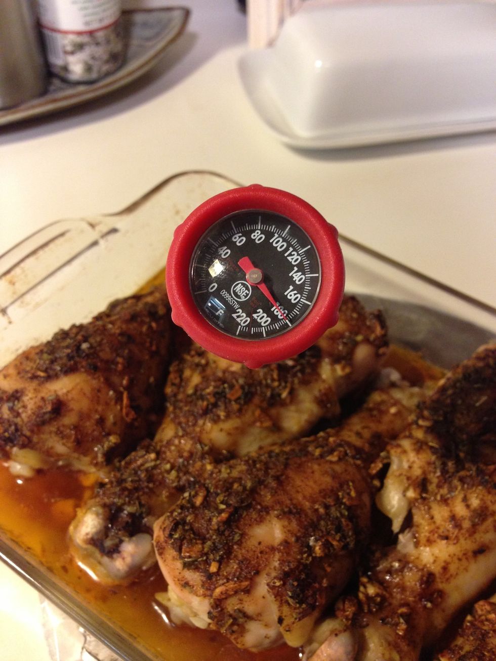 Your chicken is done when it temps to at least 165 F. It's ok if it goes higher than that, but anything lower means its not quite ready.