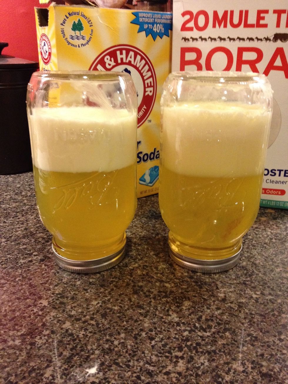 Your detergent will continue to separate. When the jars are about half solid and half liquid, you can move on to the final step.