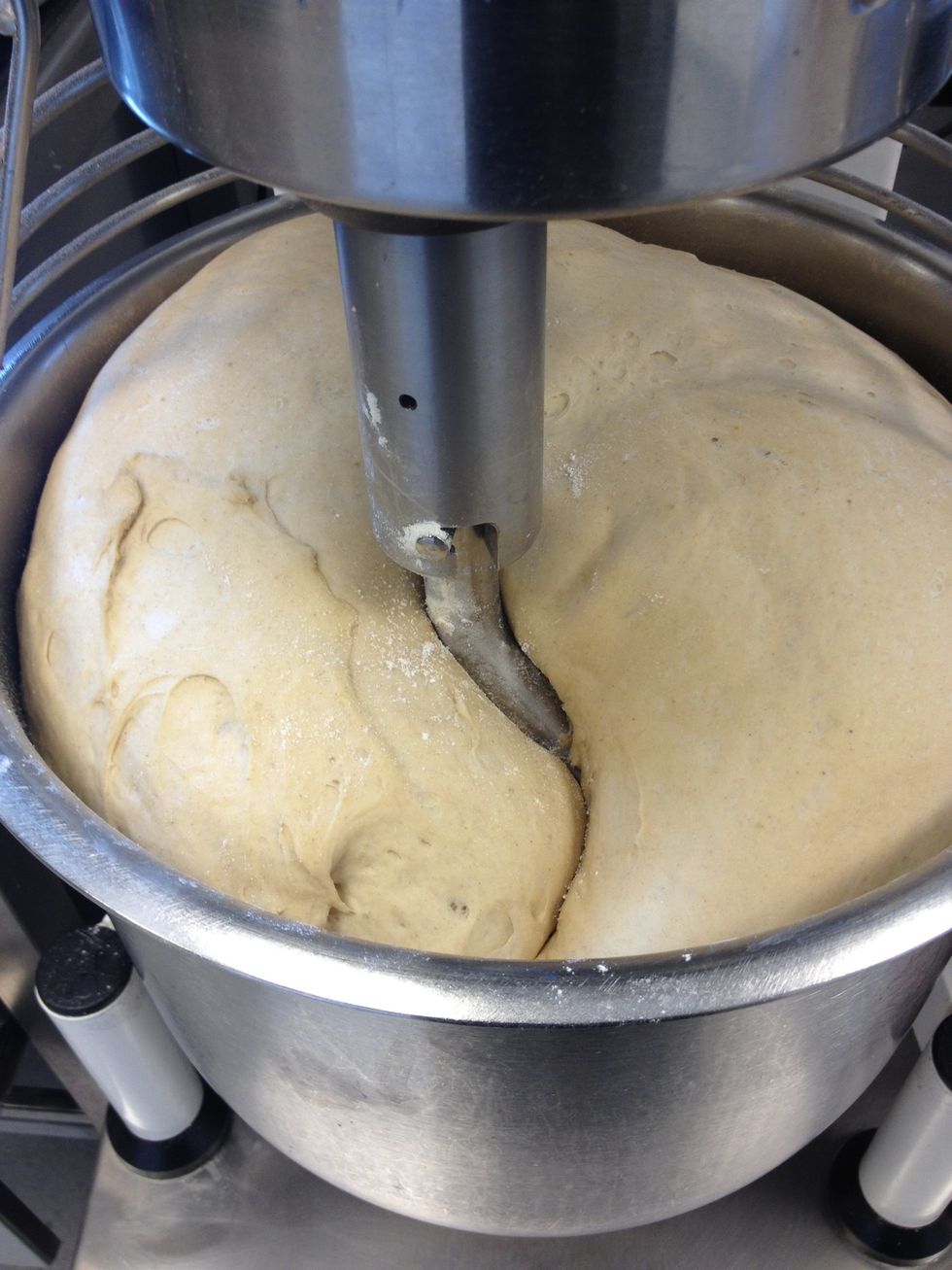 Your dough should have almost doubled its size, give it a quick kneading to distribute the air evenly throughout the dough.