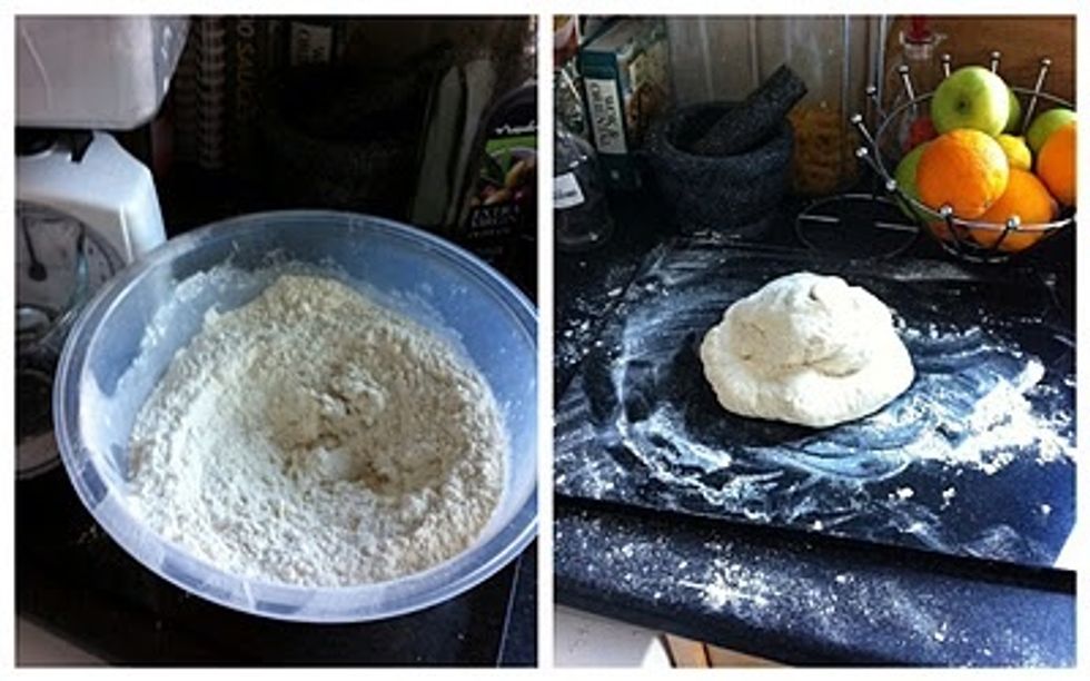 Your dry ingredients will look something like the picture on the right once mixed. Once the wet are added and you have a dough, turn it out on a lightly floured surface.