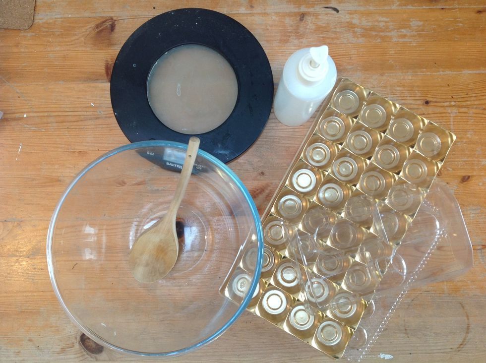 Your equipment: Large mixing bowl, Scales, Spoon, Moulds and a Spray Bottle filled with cold water
