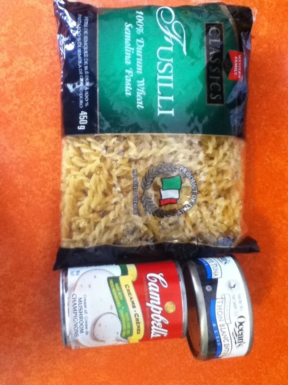 Your favorite pasta type, tuna, and mushroom soup brand.