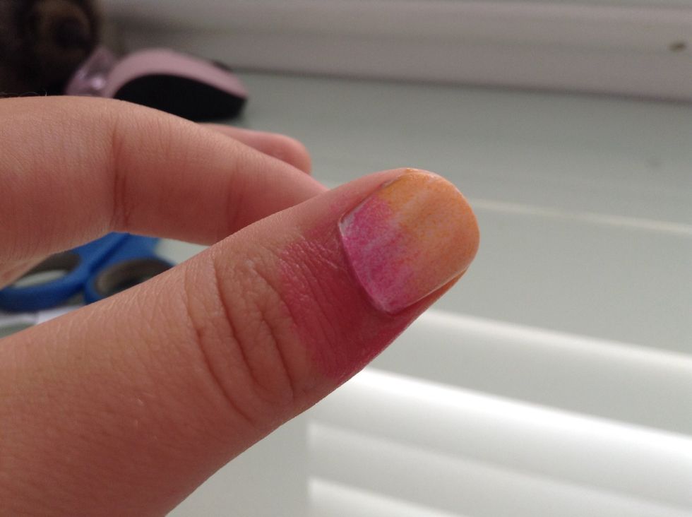 Your fingers should all look something like this with polish on skin, just wait for it to dry and then aplply a top coat. Wait for it to dry.