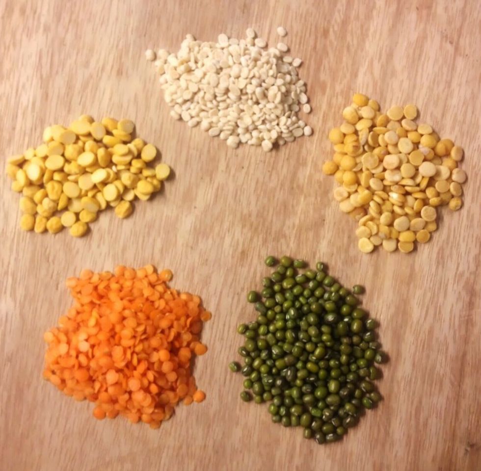 Your Five lentils. From top clockwise; Urid daal, toor daal, mung daal, Masoor daal, chana daal.