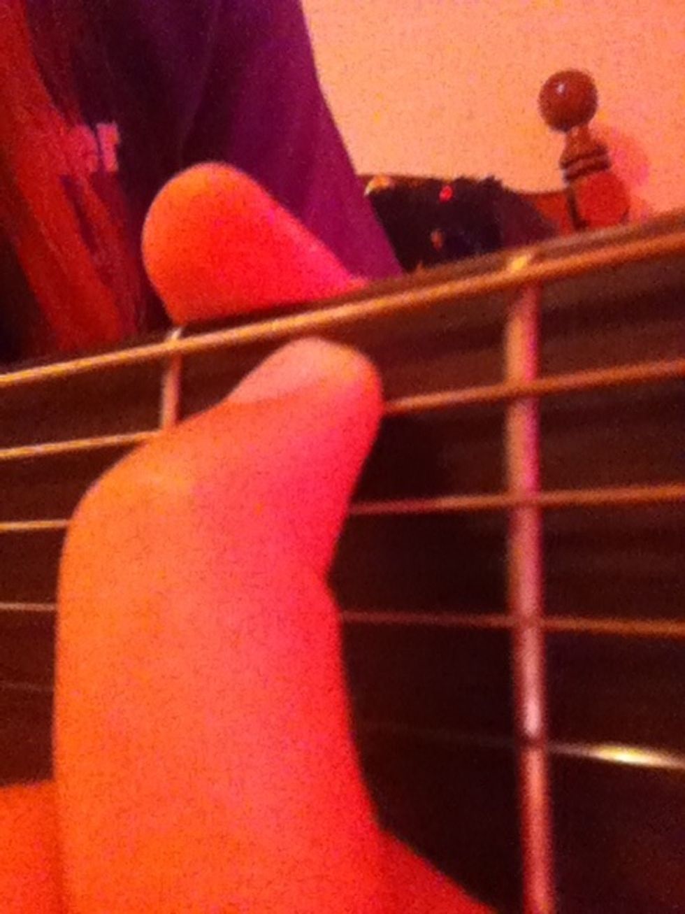 Your going to place your pointer finger on the second fret(second box down from the top of the guitar) and place it on 2nd string(the 2nd thickest string)