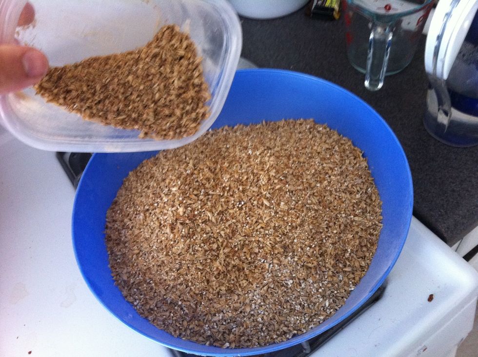 Your grains should be milled, you can use a rubber mallet or use the mill at a home brew shop. Combine the grains into one bowl