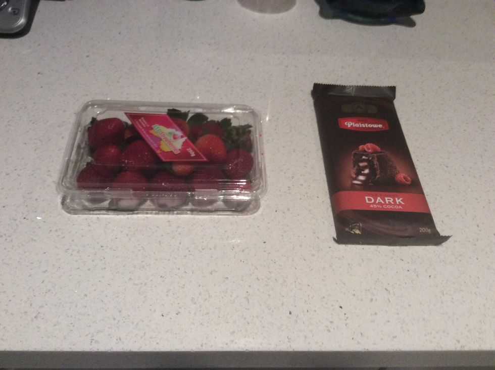 Your ingredients will be strawberries and cooking chocolate