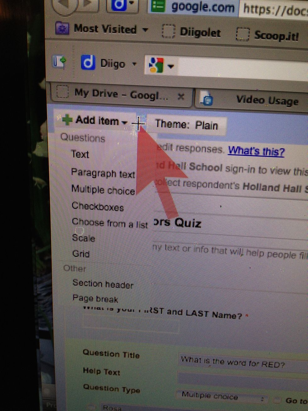 Your initial form starts with two questions. To add more click on the top left "add item" button. The next question I will pick "choose from a list". Also take notice of the THEME button!