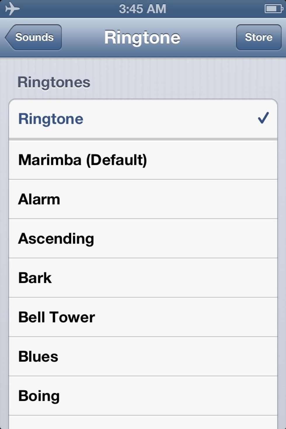 Your latest ringtone displays at the top with a grey line separating the default ringtones from the custom ones.