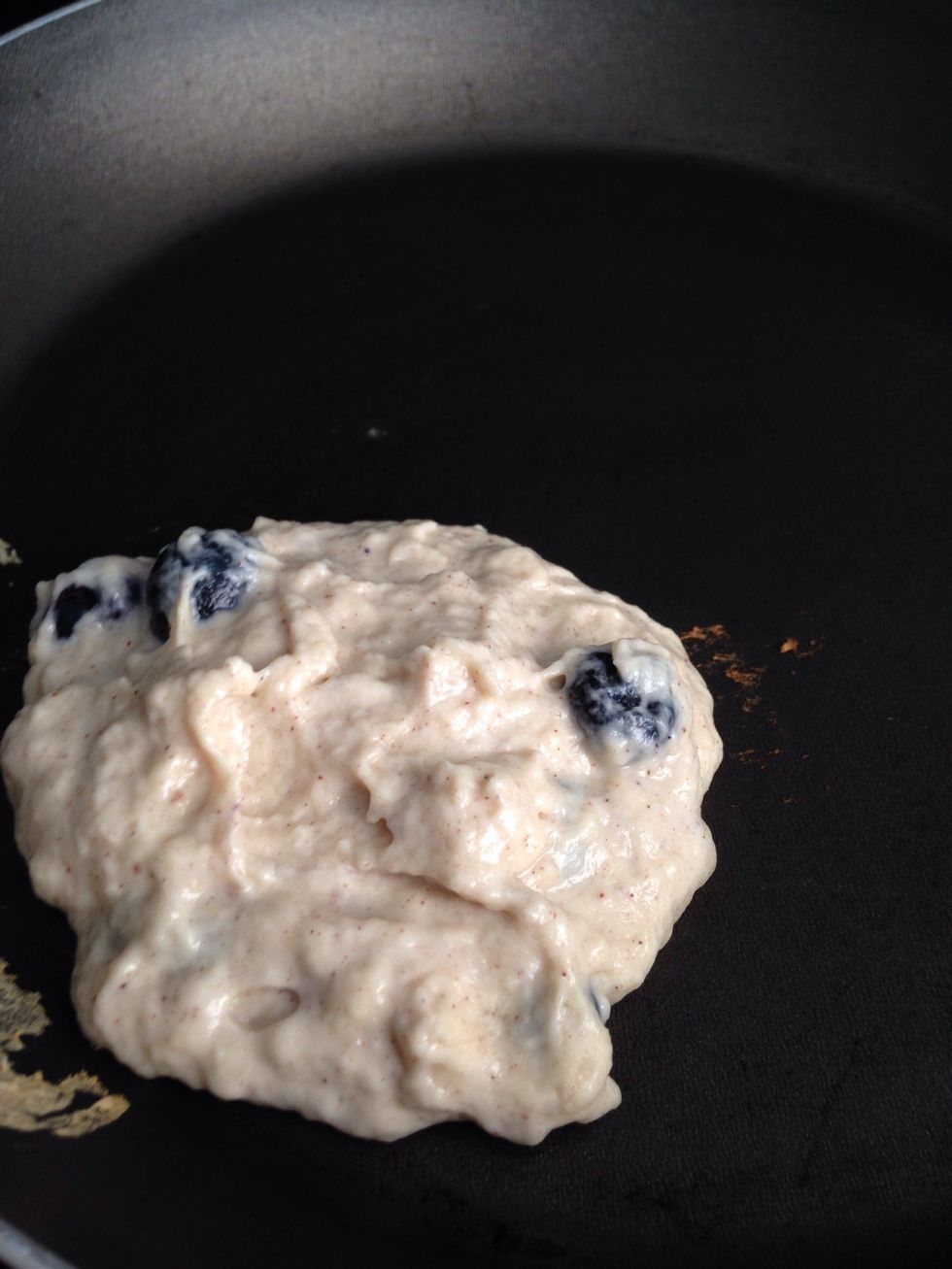Your mixture will be thicker than other pancake batters because of the yogurt and self-rising flour, so add a few dollops of batter to the pan to create a pancake about the size of your palm.