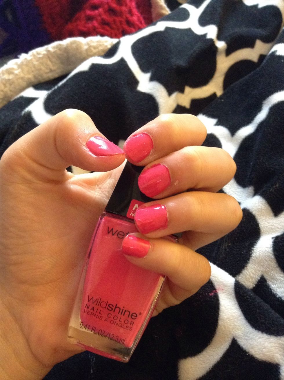 Your nails at the base coat then apply the color of your choosing nine was pink by wet and wild