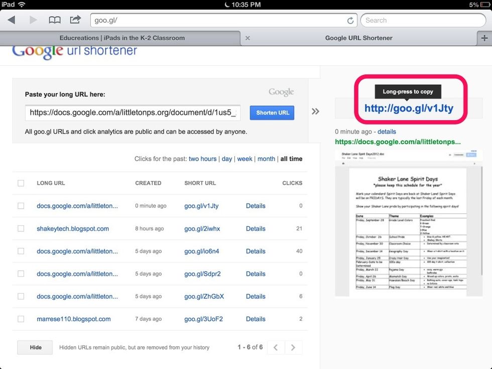 Your new URL is located on the right in blue text. You can copy or post it for student use.