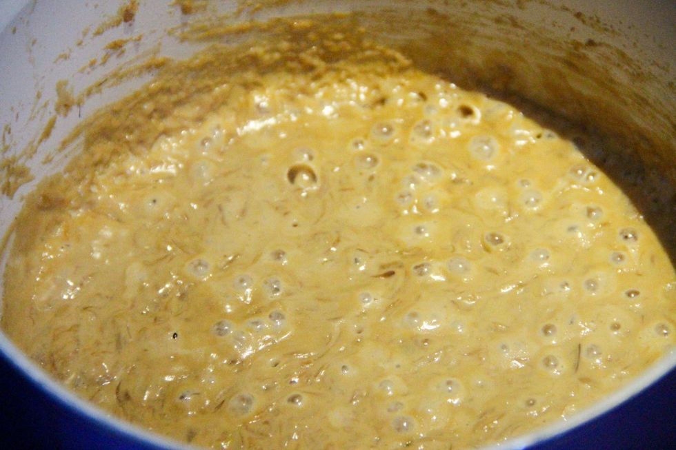 Your onion cream should start looking like this...here you can dd some bits of sausage if you like...