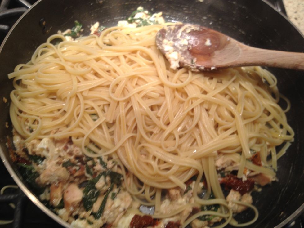 Your pasta will probably be perfectly al dente at this point. Add it directly to the pan with about a ladle full of the pasta water.