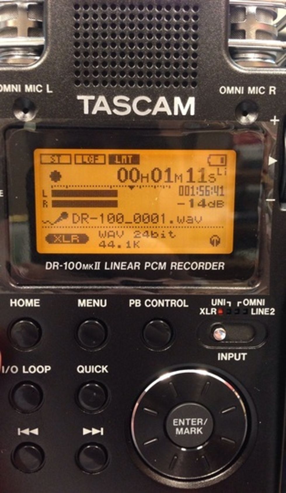 YOUR RECORD LEVELS SHOULD HOVER AROUND THE ARROW.  THIS LEVEL IS A LITTLE LOW.  TO ADJUST USE THE KNOB ON THE RIGHT (NOT LEFT) SIDE OF THE RECORDER.