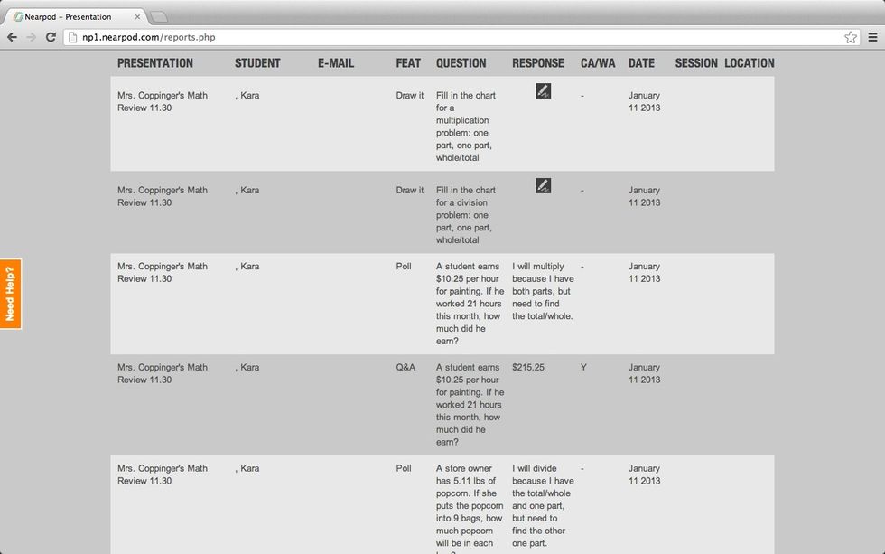 Your report appears below. The CA/WA column shows a "Y" if the student answered correctly and a "N" if incorrect.