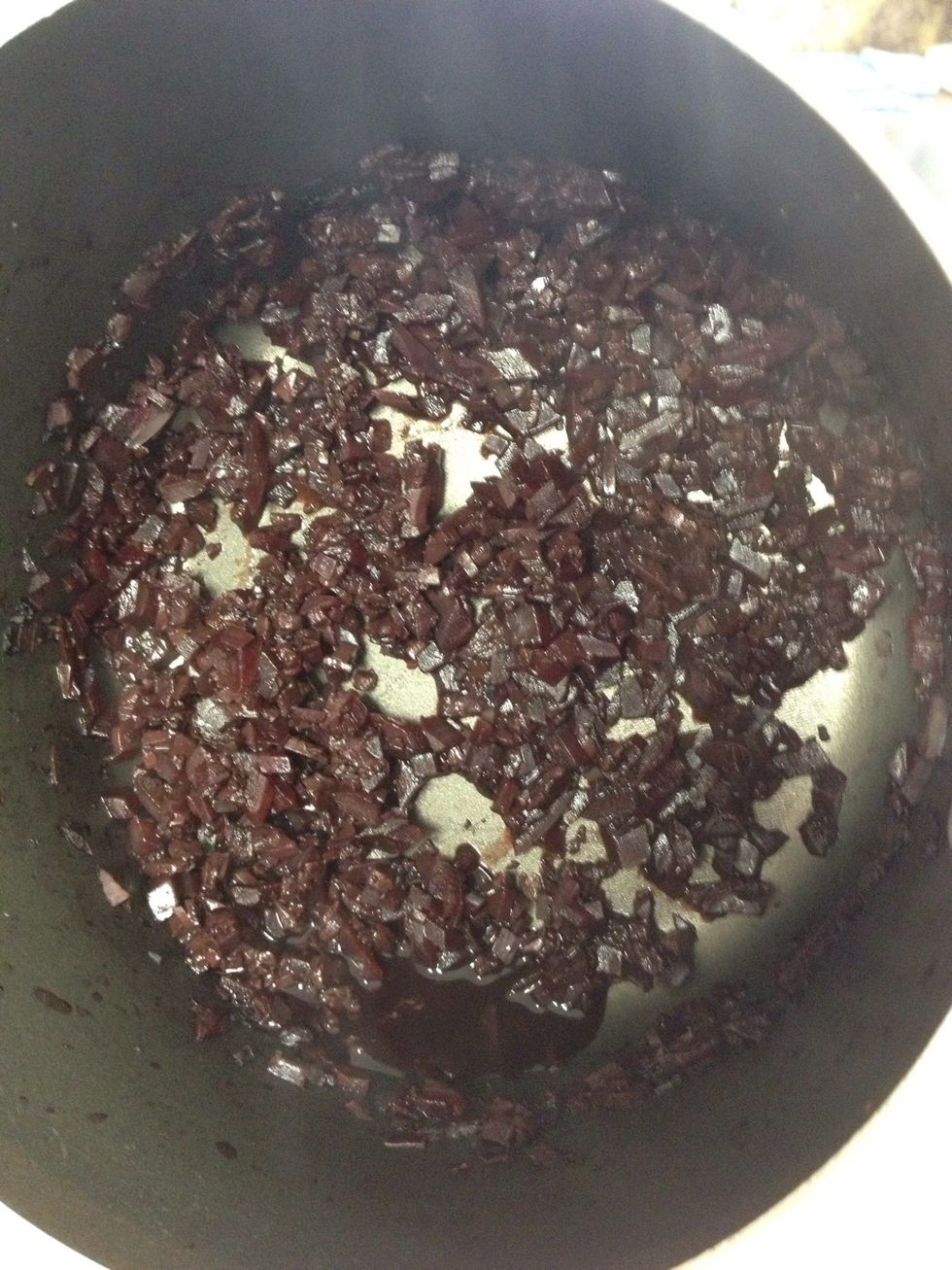 Your sauce should be cooked down now. Very little red wine should remain. Add a tablespoon of honey. The honey does not have to be exact just pour a big drop in there. Pull off heat. Sauce is done.