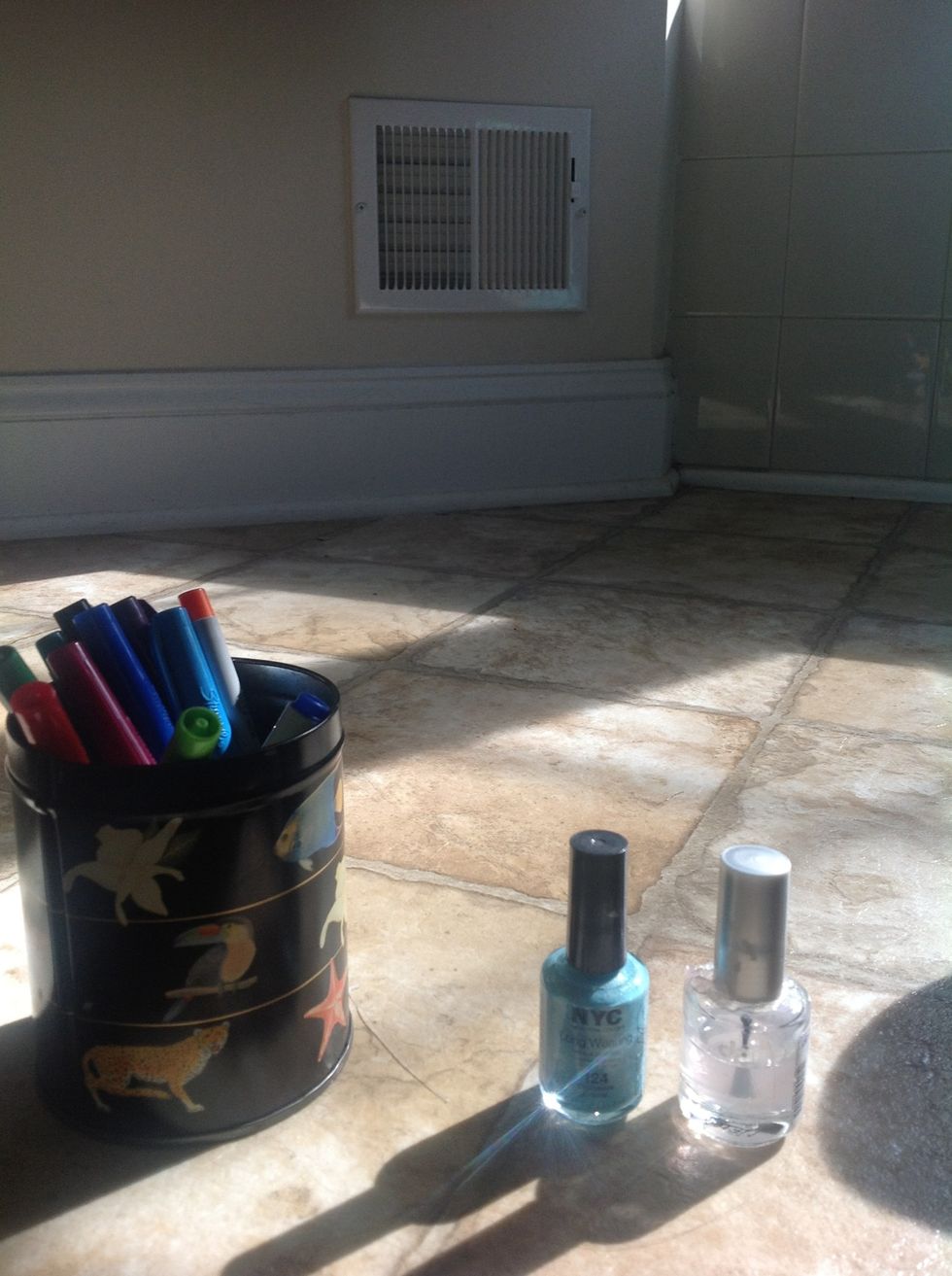 Your supplies: a clear base/top coat , a color coat and super fine tip sharpies