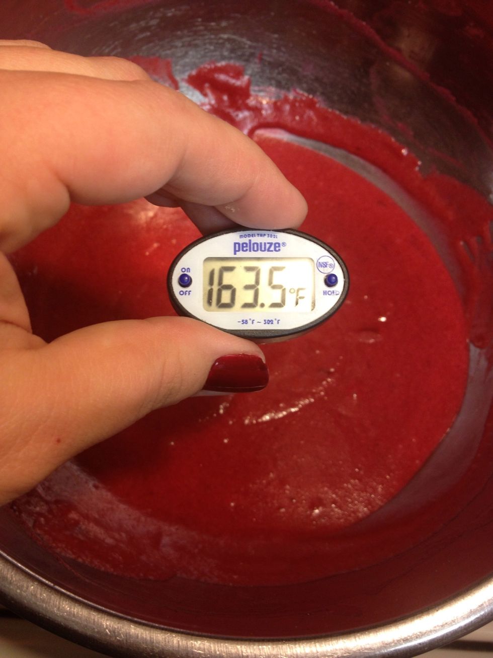 Your thermometer should read about 160\u00b0F when done, to make sure the eggs are cooked enough to eliminate food borne illness. Remove from heat & let stand 5 minutes to cool some.