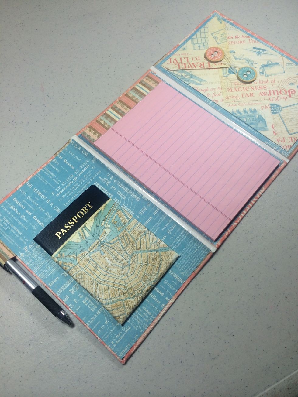 Your travel folio is done! Now you can jot notes throughout your travels and collect memorabilia in the handy pocket.