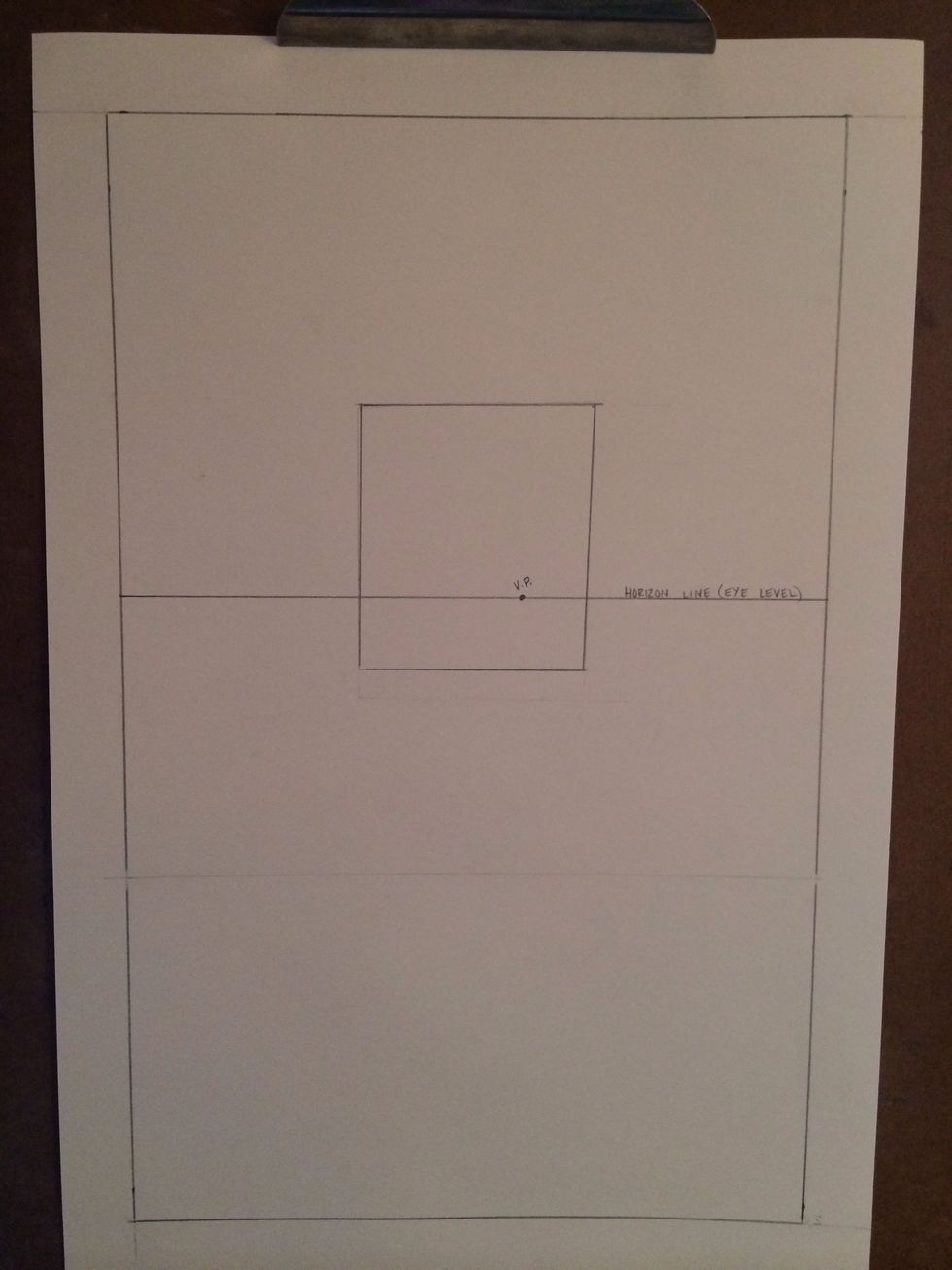 Your Vanish Point will be found on your horizon line, inside your back wall box. Position your V.P. based on where you are sitting in the hallway, in this case you would be sitting on the right side.